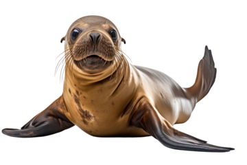 A sea lion sitting upright with its head raised high and whiskers prominent isolated on white background