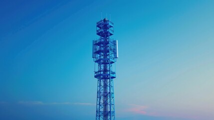 Obraz premium A tall blue communication tower stands against a clear blue sky at sunset.