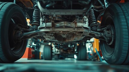 Obraz premium Car on Lift at Automotive Service Center Showing Underbody and Axles, Mechanic Repair Shop Concept