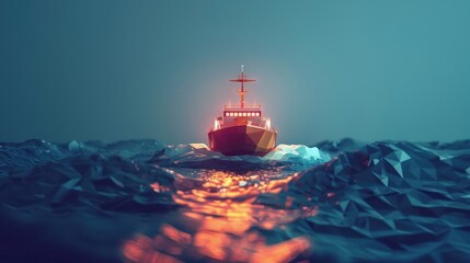 Obraz premium Low-poly style 3D render of a ship sailing on a rough sea at night.