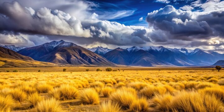 Empty field with yellow grass and purple mountains shrouded in clouds. Uspallata, Mendoza, Argentina