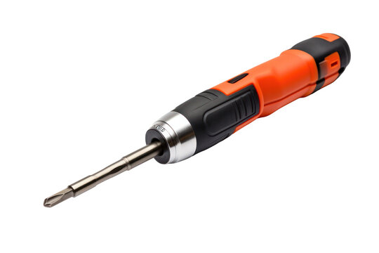 A screwdriver with a rubber grip handle and chrome-plated shaft displayed vertically isolated on white background