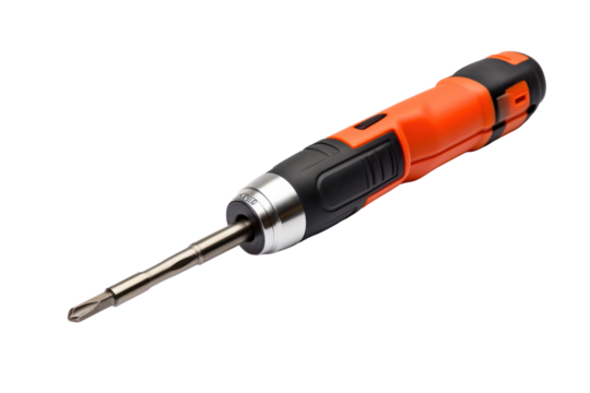 A screwdriver with a rubber grip handle and chrome-plated shaft displayed vertically isolated on white background