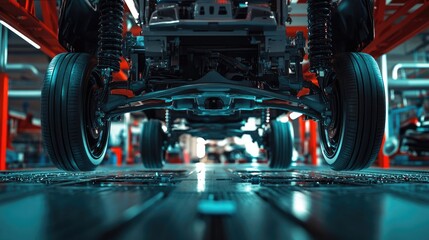 Obraz premium Car on Lift at Automotive Service Center Showing Underbody and Axles, Mechanic Repair Shop Concept