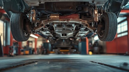 Car on Lift at Automotive Service Center Showing Underbody and Axles, Mechanic Repair Shop Concept