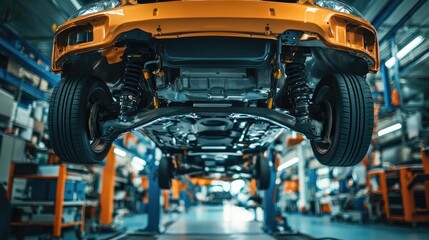 Car on Lift at Automotive Service Center Showing Underbody and Axles, Mechanic Repair Shop Concept