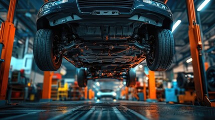 Car on Lift at Automotive Service Center Showing Underbody and Axles, Mechanic Repair Shop Concept