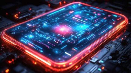 Futuristic digital interface with glowing circuitry and cosmic elements.