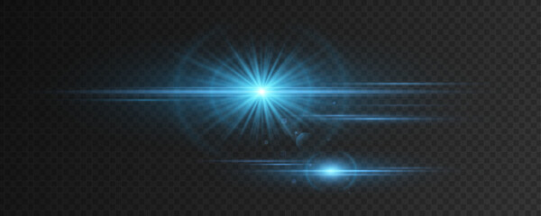 Abstract light effect with horizontal moving laser beams on a dark transparent background. Bright blue flash with rays and bokeh. Vector illustration. EPS 10