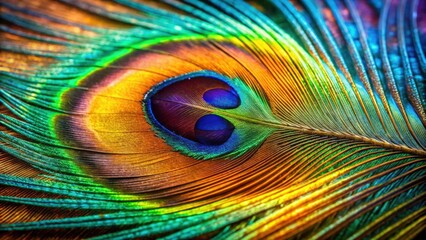 Naklejka premium Closeup of vibrant peacock feather with intricate patterns and iridescent colors, peacock, feather, closeup, vibrant