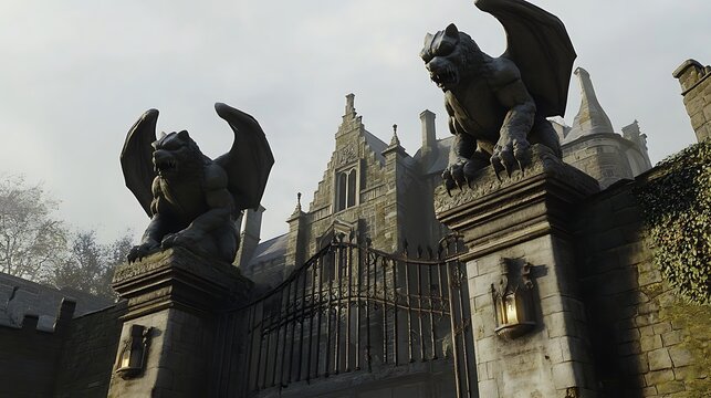 Gothic gate with imposing gargoyle statues guarding a grand stone mansion on a misty morning.