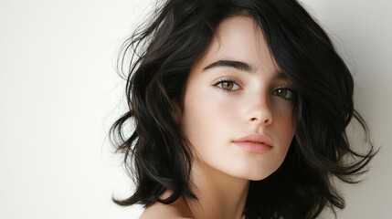Naklejka premium Portrait of a 20-Year-Old Woman with Dark Hair, Bathed in Natural Light, Soft and Elegant Photography