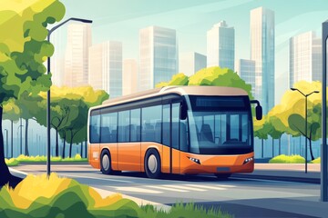 Obraz premium Electric bus drives through an eco-friendly urban area showcasing smart sustainable transportation solutions