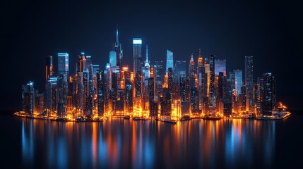Obraz premium Night cityscape, vibrant skyline reflecting on calm water, illuminated skyscrapers.