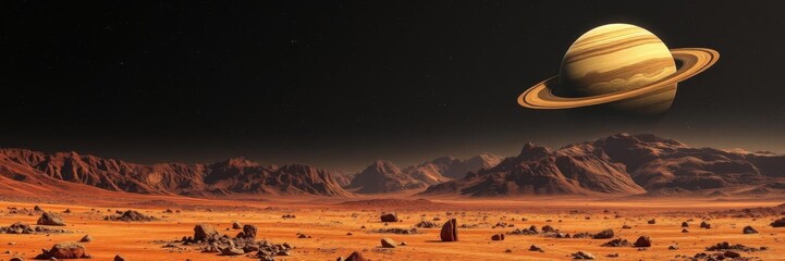 A barren red planet with rocky hills, mountains, and a Saturn-like moon in the background, mountains, exploration