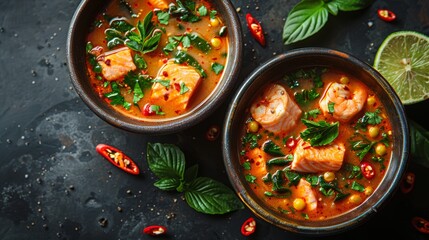 Spicy Thai Red Curry Salmon Soup with Coconut Milk, Fresh Greens, and Herbs, Overhead View