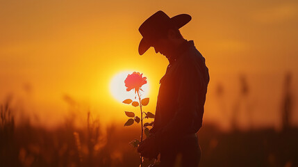 Cowboy Holding a Rose at Sunset. Silhouette of a Man in Western Attire Reflecting in a Romantic and Peaceful Evening Setting. Image Made Using Generative AI