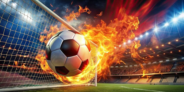 Fiery red soccer ball scoring goal in high-intensity sports scene , soccer, ball, fiery red, scoring, goal, high-intensity