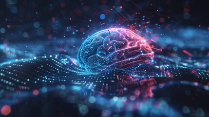 Obraz premium Glowing digital brain made of particles and connected by lines floating on blue and pink digital waves representing artificial intelligence, machine learning, and future technology