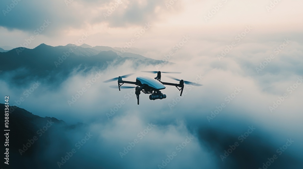 Fototapete A high-tech AI-driven autonomous drone for high-resolution meteorological research, clean atmospheric setting with drones designed for collecting detailed weather data and atmospheric conditions