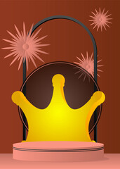 Mockup product display with Crown. Vector cylinder pedestal podium. Stage showcase for presentation. Minimal geometric forms.