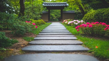 Serene Pathway through Lush Green Garden Leading to Traditional Gate with Colorful Flower Beds on Either Side in a Peaceful Outdoor Setting