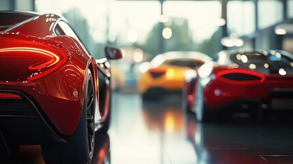 Luxury Cars for Sale in Car Showroom with Blurry Background