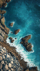 Obraz premium Generated digital illustration of a rocky cliff coastline with ocean waves.