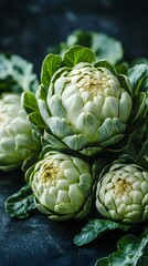 Fototapeta premium Fresh green artichokes gathered on a dark surface.