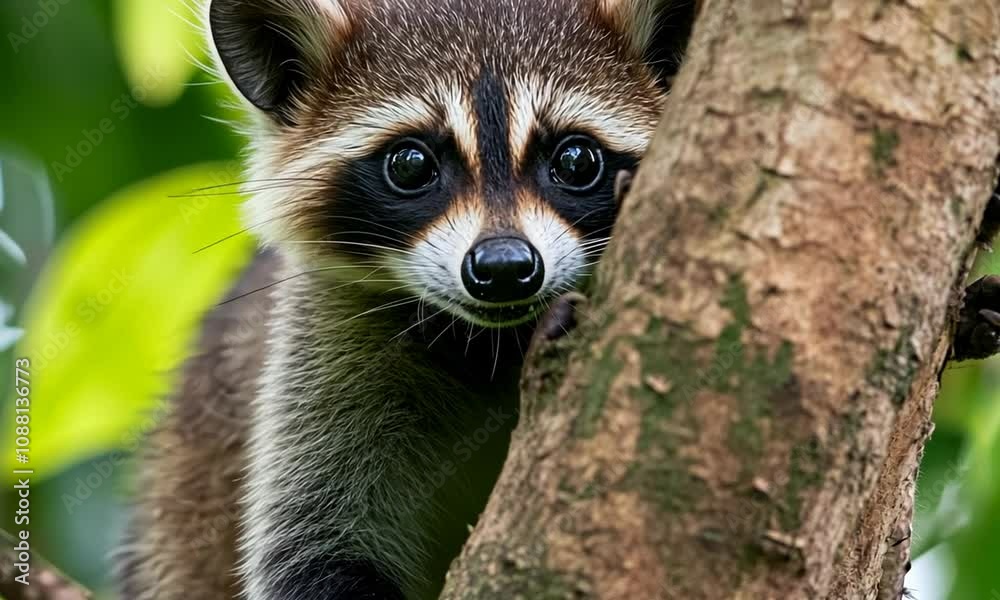 Poster curious raccoon peeking behind tree trunk in lush green forest : generative ai