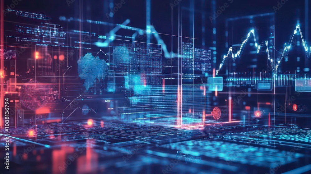 Poster abstract digital background with data visualization and glowing lines.