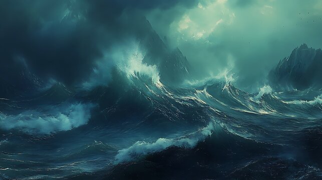 Dramatic ocean waves crashing against dark, mysterious mountains under a stormy sky.