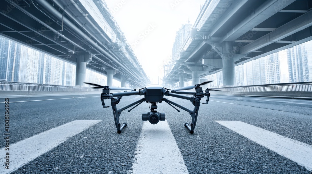 Poster A high-tech AI-driven autonomous drone for infrastructure maintenance, clean urban environment with drones designed for inspecting and maintaining bridges and buildings