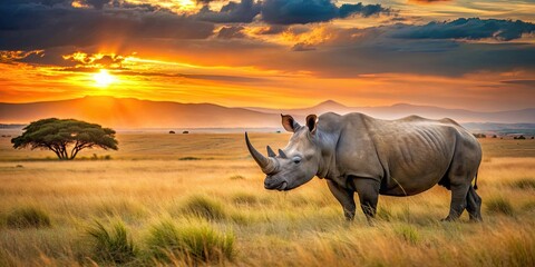 Fototapeta premium Rhinoceros in the savannah at sunset, Rhinoceros, savannah, sunset, wildlife, nature, Africa, horn, grassland, dusk