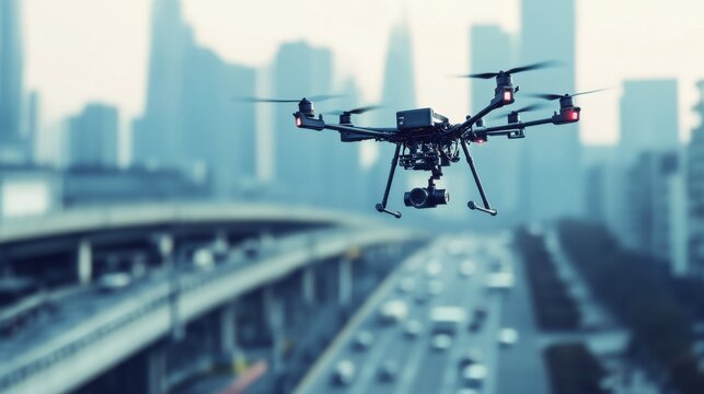 A high-tech AI-driven autonomous drone for infrastructure repair, clean urban setting with drones designed for detecting and fixing structural issues in buildings and bridges