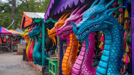 Colorful Dragon Statues at a Marketplace Festival, Captivating Artistry with Vibrant Hues and Intricate Designs, Perfect for Fantasy and Mythology Themes