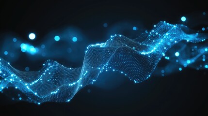 Naklejka premium Abstract Digital Wave of Shimmering Blue Light Particles Flowing in a Dark Background Creating a Futuristic and Energetic Atmosphere for Technology and Innovation Concepts