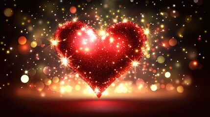 Sparkling Red Heart Shape with Glittering Stars and Bokeh Effect on Dark Background for Romantic Themes and Celebrations