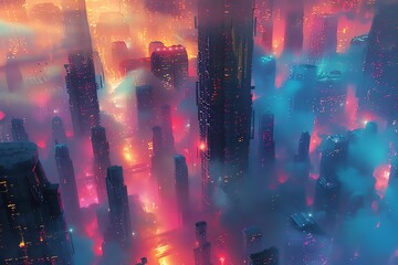 Futuristic city shrouded in fog at night, glowing with vibrant red and blue lights.
