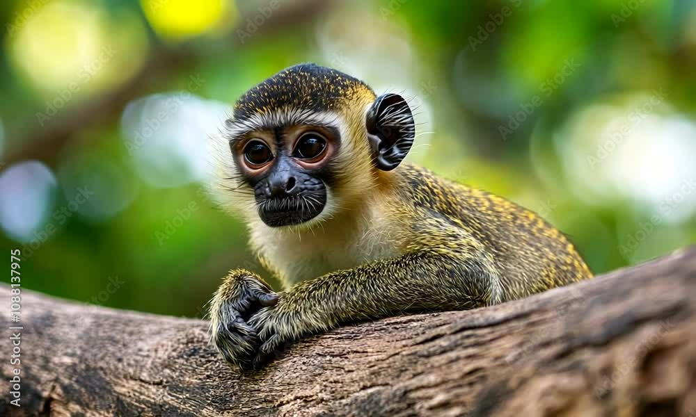 Poster Close up of curious squirrel monkey relaxing on tree branch in lush green forest : Generative AI