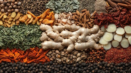 Thai Herbs and Spices Selection Variety of spices and herbs on textured surface.