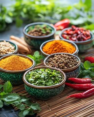 Thai Herbs and Spices Selection Colorful spices in bowls on a wooden mat.