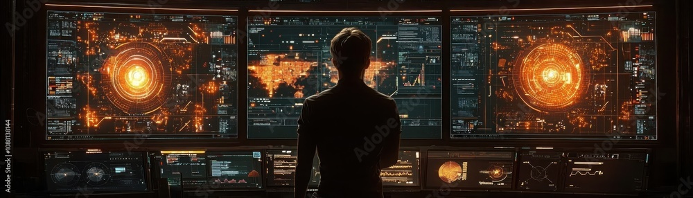Poster exploring the hackers paradise matrix-style data flows and biometric displays in a tech-driven world