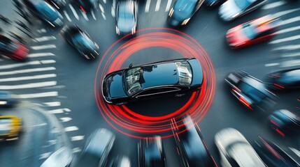 Obraz premium Automated Car Driving on Road with Sound Waves and Motion Blur in Modern City Traffic