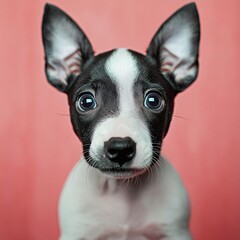 portrait of a puppy with surprised face
