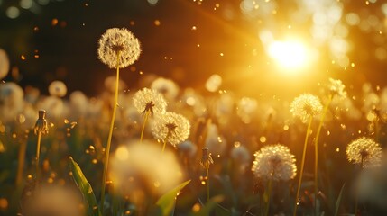 Glowing dandelion field basking in warm sunset hues.