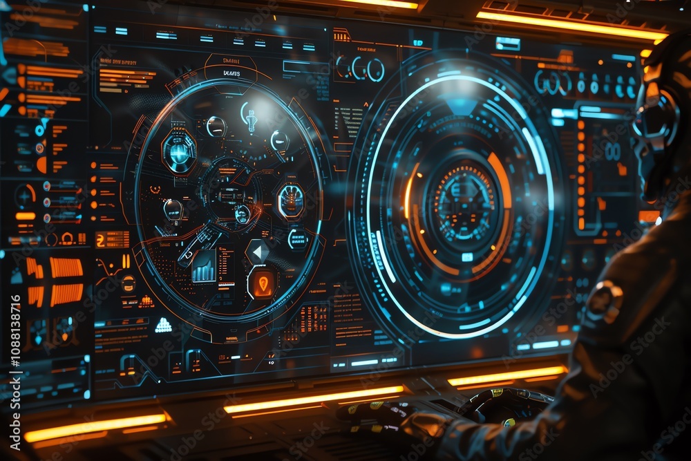 Poster futuristic control panel interface with glowing hud displays showing data analysis.