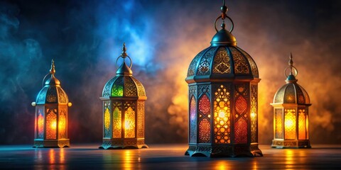 Obraz premium Ramadan lanterns glowing in the dark against a high quality background, Ramadan, lantern, religious, Islamic