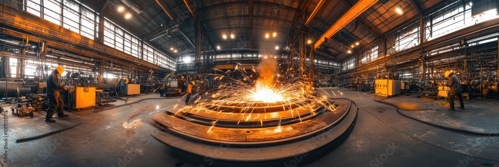 Poster in a spacious workshop, multiple workers focus on welding activities, creating bright sparks amidst 