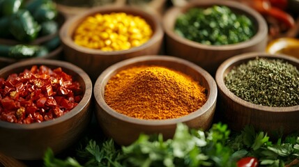 Fototapeta premium Colorful assortment of spices in wooden bowls, showcasing vibrant culinary ingredients.